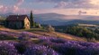 A charming countryside cottage nestled among rolling hills and fields of blooming lavender, basking in the soft light of dawn.