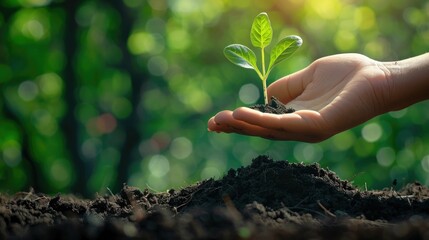 Wall Mural - Hands gently holding and passing a small green sprout or seedling to another set of hands This symbolic gesture represents the passing of responsibility for growth