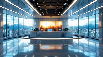 Aufkleber - Ground modern newsroom interior with a large news desk and spacious area. Generative AI.