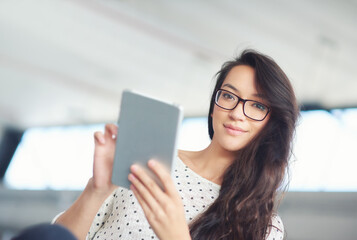 Poster - Startup, tablet and portrait of business woman for online research, website news and internet. Professional, creative office and person on digital tech for networking, typing email and communication