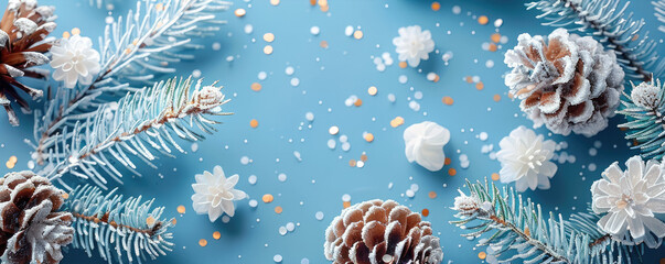 Aufkleber - Merry Christmas and New Year greeting card. white decorative, pine cones, confetti on blue holiday background. Generative AI.