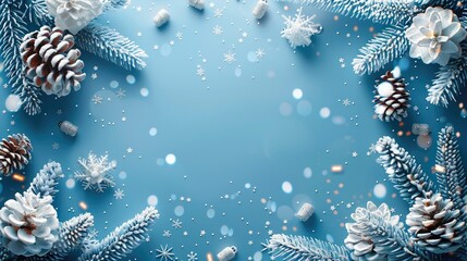 Aufkleber - Merry Christmas and New Year greeting card. white decorative, pine cones, confetti on blue holiday background. Generative AI.