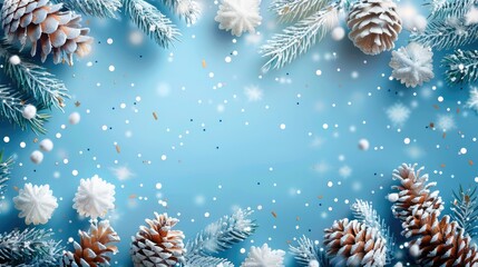 Aufkleber - Merry Christmas and New Year greeting card. white decorative, pine cones, confetti on blue holiday background. Generative AI.