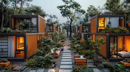 Poster - Container home village, in an eco-community with modular design and communal spaces. Generative AI.