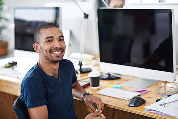 Fototapete - Business man, portrait and planning on computer for creative project, research and online editing of website. Professional graphic designer, employee or young person working on desktop at a startup