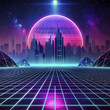Futuristic cyber landscape with planet and neon lights. 3d rendering Futuristic city background with planet and neon lights. Vector illustration.