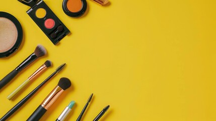 Wall Mural - Makeup brushes and cosmetics on yellow background. Top view with copy space