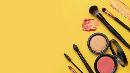 Wall Mural - Makeup brushes and cosmetics on yellow background. Top view with copy space