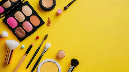 Wall Mural - Makeup brushes and cosmetics on yellow background. Top view with copy space