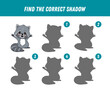 Find correct shadow of cute raccoon. Educational logical game for kids. Cartoon racoon.