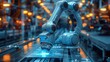 Futuristic manufacturing factory with smart advanced robotic arm glowing blue neon light surrounded. Generative AI.