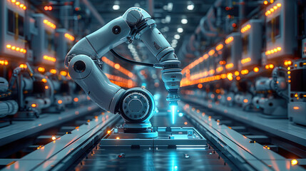 Fototapete - Futuristic manufacturing factory with smart advanced robotic arm glowing blue neon light surrounded. Generative AI.