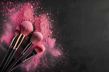 Makeup brushes and pink powder on black background. Copy space.