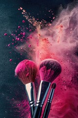 Makeup brushes and pink powder on black background. Copy space.