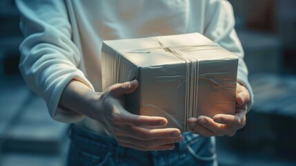Poster - Focusing on a rectangular package cradled at an angle in the hands of a delivery worker. Generative AI.