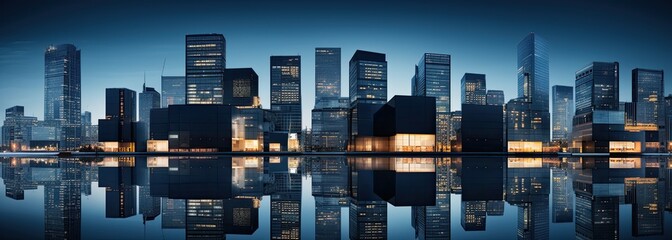 Wall Mural - Reflective glass facades adorn the towering skyscrapers, epitomizing the synergy between business, architecture, and modern city life.