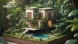 Geometric miniature and cartoon house with jungle style, extremely detailed, realistic photo, 4k realistic photo.