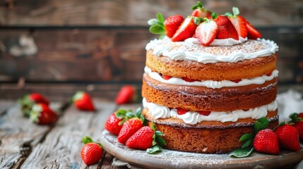 Wall Mural - A triple layer cake topped with fresh strawberries on a rustic wooden table