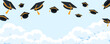 Black graduate caps on the sky. Congratulation graduates 2024 class of graduations background