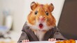 A brown and white hamster wearing a suit is caught mid-yawn in this shot