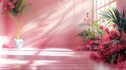 Aufkleber - Background for product presentation with abstract pink color gradient. Empty room with shadows of window and flowers and palm leaves. Generative AI.
