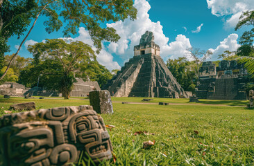 Wall Mural - Photo of the ancient Mayan city showing stone monoliths in front, placed on lush green grass with a blue sky and white clouds overhead