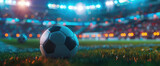 Fototapeta Sport - Soccer ball on the field of stadium with blurred fans in background