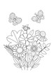Coloring page with bouquet of different wildflowers. Kids floral picture with outline  butterflies and plants. Black and white vector illustration.