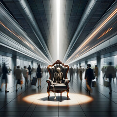 Wall Mural - A luxurious chair is placed in the center of a bustling walkway, where people are passing by in a motion blur, representing the fast pace of life.