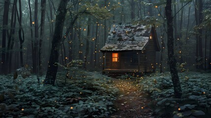 A remote cabin in the woods flowers fantasy scene abstract graphic poster web page PPT background