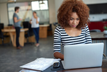 Poster - Business woman, laptop and website for research, networking and internet for project summary. Black female person, copywriting and online for plan, typing and app for info in creative media office