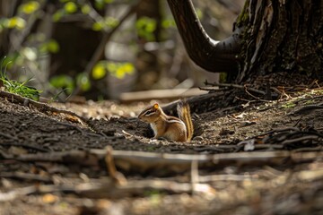 Poster - chipmunk darting into a small hole in a wooded area