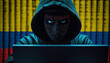 Hacker in hoodie sitting in front of a monitors with Ecuador flag background and  cyber security concept