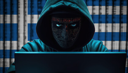 Hacker in hoodie sitting in front of a monitors with Greece flag background and  cyber security concept