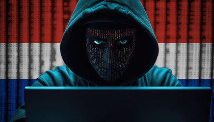 Hacker in hoodie sitting in front of a monitors with Paraguay flag background and  cyber security concept