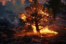 Lone Tree Ablaze With Ashcovered Ground Beneath