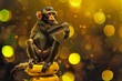 A comical monkey balancing atop a stack of bananas, pretending to be a circus performer. 