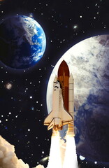 Wall Mural - dark space shuttle launch in the clouds with stars on background.spaceship flight. elements of this 