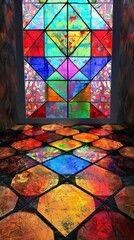 Wall Mural - A checkered chess tile stained glass window showcasing vivid colors in a room, background, wallpaper