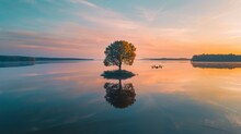 Drone Flies Over Tranquil Lake, Reflecting Sunset's Gold With A Lone Tree. Drone Hovers Above Calm Lake, Catching Sunset's Last Golden Rays On Lone Tree.
