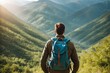 a man traveling with a backpack slung over his shoulders, against a softly blurred background, capturing the essence of adventure and wanderlust
