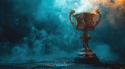 Poster - Golden trophy winner cup on smoky aquamarine background