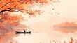 orange and pink autumn river traditional landscape illustration background poster