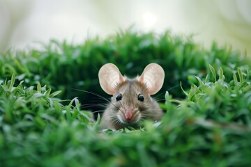 Wall Mural - mouse peeking from a grassy knoll hole