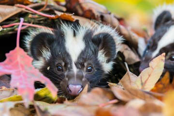 Wall Mural - skunk cautiously poking its head out of a leafy den