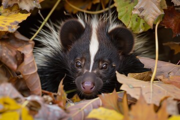 Canvas Print - skunk cautiously poking its head out of a leafy den