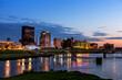 RiverScape view of Dayton, Ohio's skyline with new, exclusive Water Street Apartments along the Great Miami River 