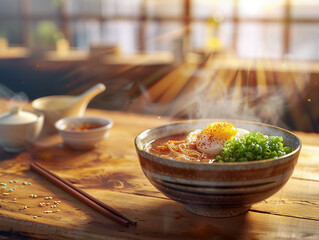 Wall Mural - Japanese ramen in a bowl. Served on a wooden table. Beautiful morning light.  