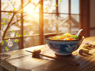Wall Mural - Japanese ramen in a bowl. Served on a wooden table. Beautiful morning light.  
