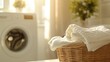 Wicker natural laundry basket with white things in the laundry room. laundry day, house cleanliness, cleaning organization